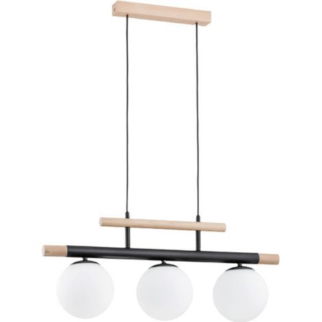 Alfa TRENDY Loft Industrial Ceiling Pendant Hanging Lamp, 3-Light White Glass Globe Shades, Wood & Black Finish, E14 Max 10W, Dimmable, for Dining Room, Kitchen and Living Room, 85 cm