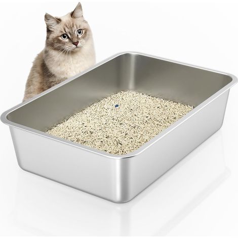 Litière en acier inoxydable, Bac à litière métallique ouvert – Pour chats et lapins de toutes tailles – Revêtement antiadhésif, inodore, facile à nettoyer, 50×35×10cm (1/4)