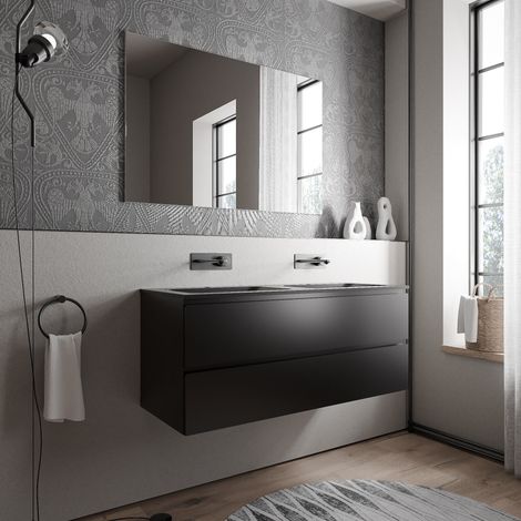 Unterschrank Bernstein AVA 120 cm mit Mineralguss Waschbecken BRUXELLES - Badmöbelfarbe Schwarz matt, Waschbecken Schwarz matt ohne Hahnloch