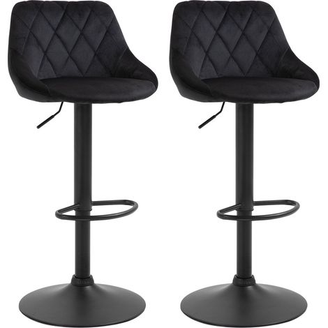 Ensemble de 2 tabourets de bar noirs de style bistro, réglables en hauteur, avec repose-pieds et dossier, en velours et métal, 46 x 48 x 83-104 cm (1/5)