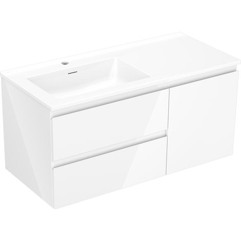 Mexen Orio Badezimmerschrank 100 cm mit Waschtisch Otis links, 2S, 1T, weiß glänzend - 91A13-10047-3-BBFFF00-W18L00