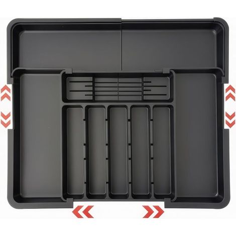 Cutlery Rack, Expandable Cutlery Storage, Kitchen Drawer with 2 Removable Knife Blocks and 9 Compartments, Expandable Cutlery Tray, Black (1/5)