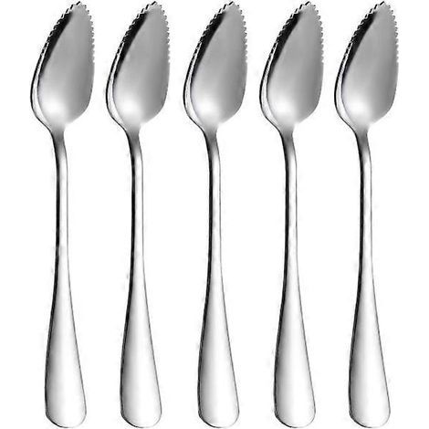 Cuillères à pamplemousse, lot de 5, en acier inoxydable, bord dentelé et manche épais, couleur argent (1/5)