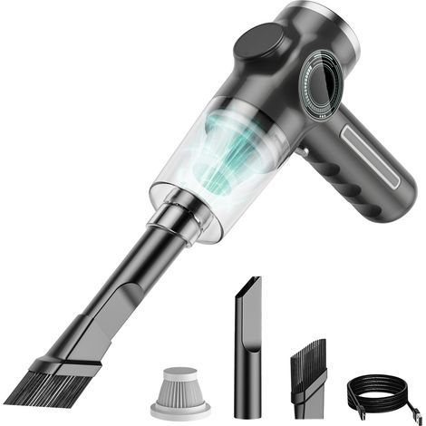 Multifunctional, cordless, and portable vacuum cleaner, ideal for home and car use. It comes with several attachments, a dustbin, and a filter. Suitable for sofas, keyboards, and more. (1/5)