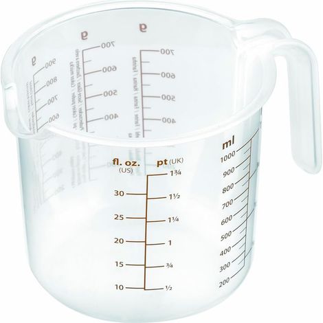 Doseur gradué avec bec verseur et poignée - Pichet multifonction pour liquides et solides, échelle en grammes et litres, sans BPA, lavable au lave-vaisselle, en plastique, 1 L (1/5)