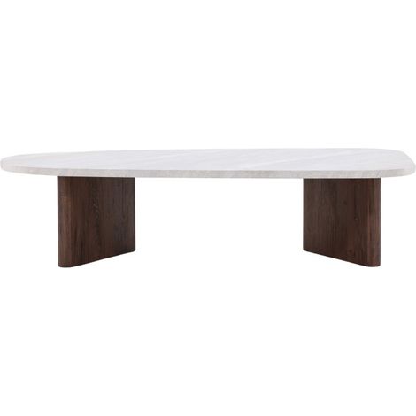 Table basse organique effet marbre 130x65cm – Gris clair – Plateau MDF épais – Pieds originaux en biais – Design moderne (1/5)