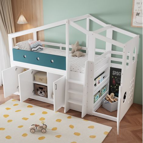 Lit mezzanine enfant 90x200 cm en forme de maison, avec aire de jeu, armoire de rangement et échelle, blanc (1/5)