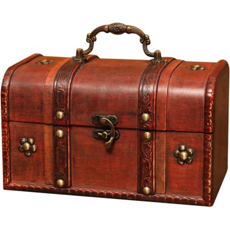 Boîte de Rangement Vintage en Bois Massif Rouge Vieilli, Conteneur Compact pour Bureau et Maison, Organisateur Multifonction pour Bijoux et Petits Objets Décoratifs, Style (1/5)
