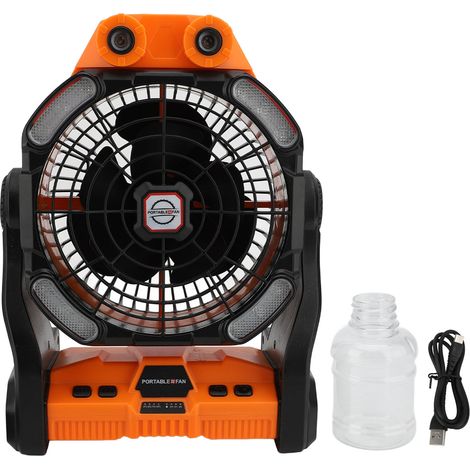 Ventilateur de camping rechargeable 10400 mAh avec minuterie, 7 modes d'éclairage, double hélice, double moteur, orientable à 270°, brumisateur portable pour l'extérieur (1/4)