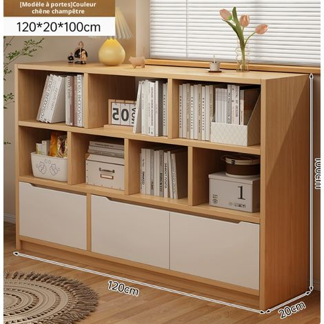 Bibliothèque basse contre‑mur panneau dérivé bois, multiples compartiments et tiroirs, fond fermé base au sol plateau large, meuble de rangement pratique pour salon et chambre à coucher (1/5)