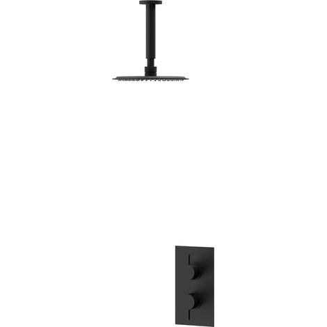 Colore Matt Black Twin Thermostatic Valve Mixer Shower with 200mm Round Fixed Shower Head and Ceiling Arm - 1 Outlet (1/3)