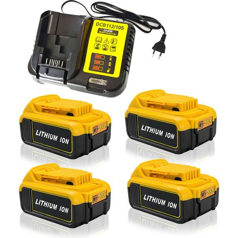Powerwings – Pack de 4 batteries lithium 18V-20V 5,0Ah – Indicateur LED – Chargeur DCB112 inclus – Compatible avec outils DEWALT (1/5)