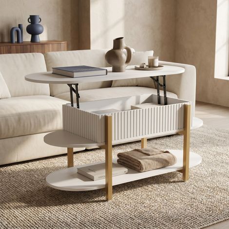 Tavolino da Salotto Elevabile 106 cm, Tavolo con Contenitore e Piano Alzabile Idraulico in Legno e Metallo, Design Moderno Elegante, Bianco