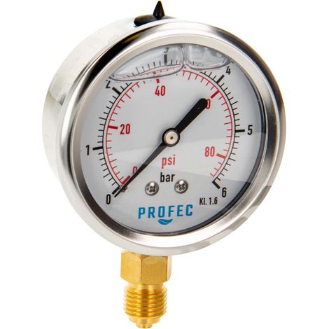 Profec Manometer 0 - 6 bar, Glyzeringefüllt, Ø 63 mm, 1/4 Zoll Anschluss nach unten Radial, Überdruck-Manometer (1/5)