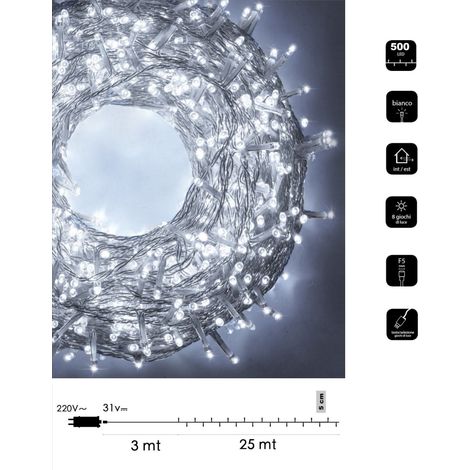 Catena di luci Natale 500 led cavo trasparente serie luminosa natalizie per esterno interno albero feste decorativa Bianco freddo
