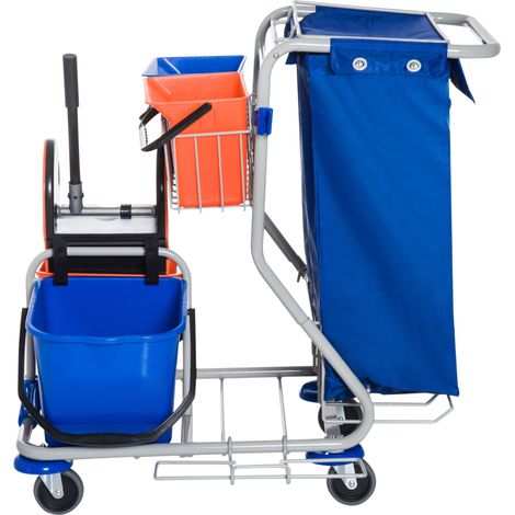 Chariot de nettoyage avec 2 seaux de 18L et 2 seaux de 6L, balai-serpillière avec presse, panier de rangement, bleu et orange, 93 x 80 x 97 cm (1/5)