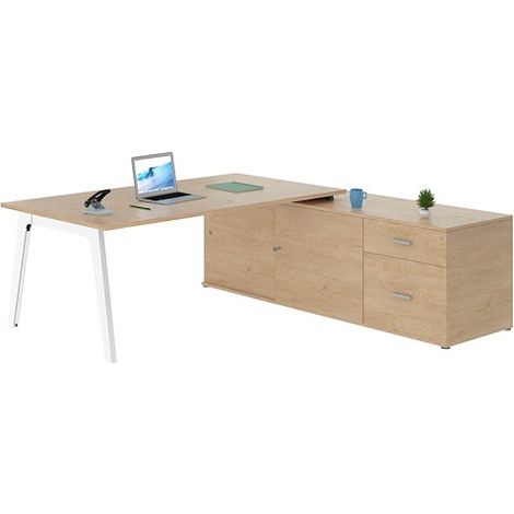Bureau manager chêne clair avec console à droite - piètement blanc - Maxiburo