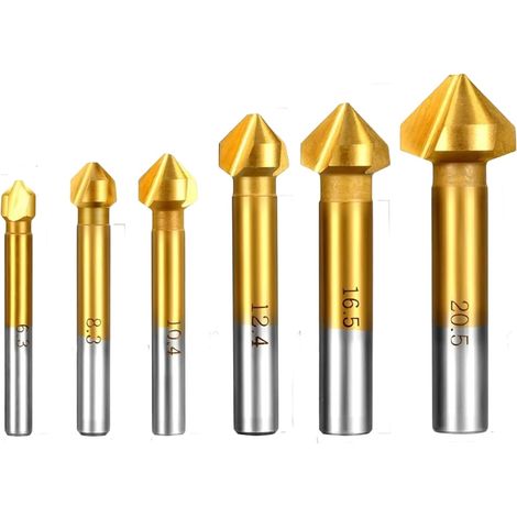 6 Pièces Fraise à Chanfreiner 90° HSS Titane Conique Cylindrique, Jeu de Fraises à Chanfreiner pour Métal et Matériaux Non Métalliques, Ø 6,3-20,5 mm (1/5)