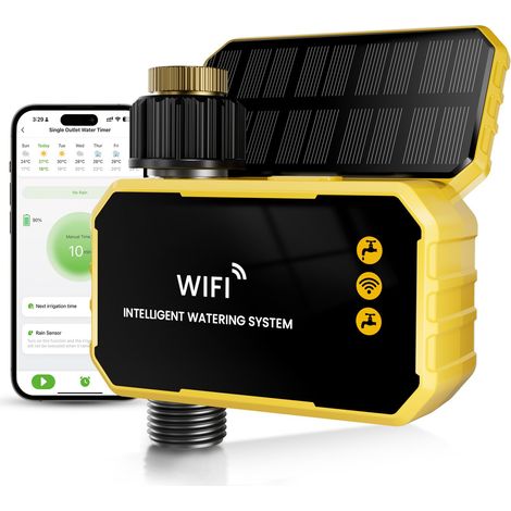 WiFi-Sprinkler-Timer mit Messingeinlass, 1 Zone, WiFi-Solar-Sprinklerventil, Außenschlauchhahn, App- und Fernbedienung, kompatibel mit Alexa und Google Voice, Solar-Bewässerungssteuerung.