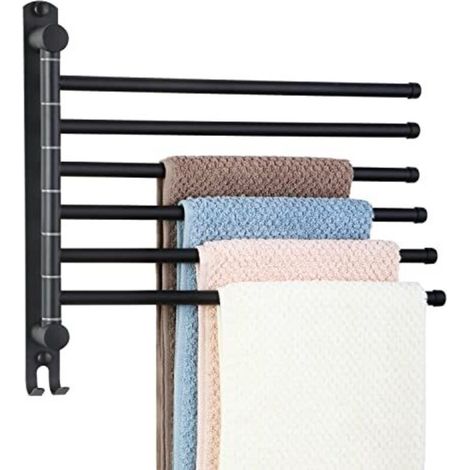 Towel rack with 6 bars, rotatable by 180°, made of stainless steel SUS304, wall-mounted, for kitchen/sink – Black