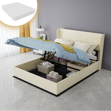 Bett modern gepolstert aus Stoff in Beige 140x200 cm mit weichem Kopfteil
