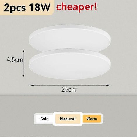 Plafonnier moderne rond 50W 40W 30W 18W LED ultra-lumineuse pour salon, chambre, salle de bain, blanc froid, blanc chaud (2 ampoules blanches de 18W et 25cm) (1/5)