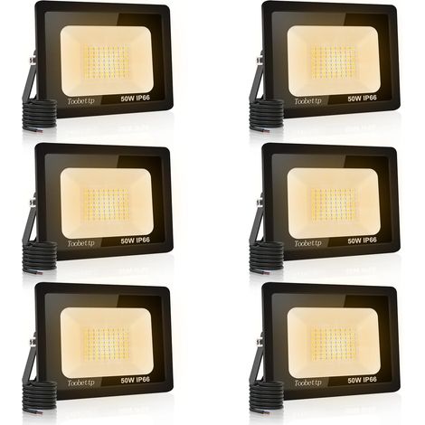 6PCS Projecteur LED Extérieur, 50W Spot LED Exterieur 5000LM 3500K Blanche Chaude Éclairage de Sécurité Extérieur IP66 Imperméable pour Garage Jardin Terrasse Parking