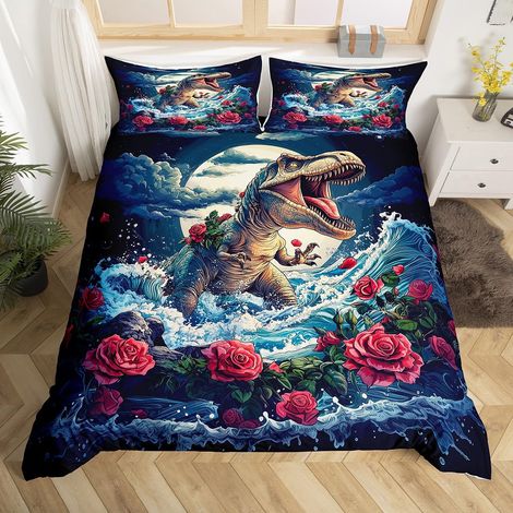 Parure de lit avec housse de couette 135 x 200 cm et 1 taie d'oreiller, motif dinosaure, monde animalier, pour chambre à coucher d'enfant, fille, adolescent, rose rouge (1/5)