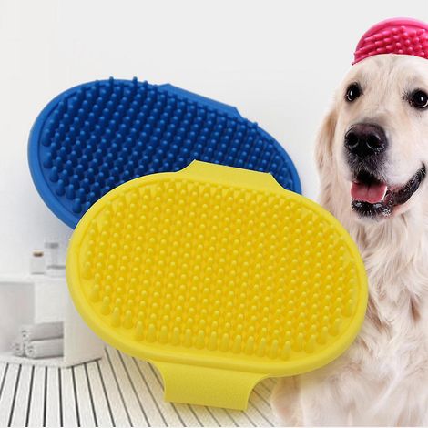 2er-Pack (gelb und blau) Hundebadebürste, Katzen-Silikonkautschukkamm, Hunde-Schönheitsmassagebürste für Welpen, Reinigungsbürste (1/5)