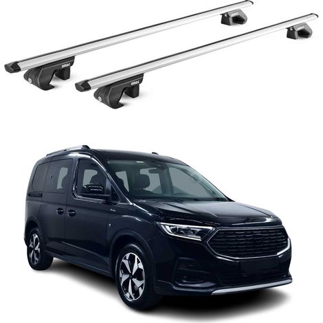 OMAC Barres de toit aluminium certifiées TÜV pour Ford Tourneo Connect III 2022-2026 – Pour rails de toit standards – Rainure en T – Charge max 90 kg – 2 antivols Argent (1/4)
