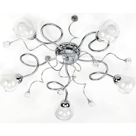 plafonnier 5 lumières en métal chromé brillant avec boules de cristal. Vitres blancs et transparents, chrome