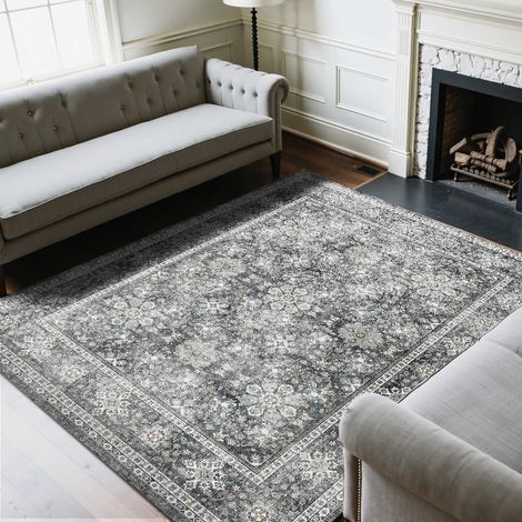 Tapis Salon, 2,4 x 3 m, Grand Tapis Chambre Lavable et Antidérapant, Poils Courts et Denses, Résistant aux Griffures Animaux, Doux Confortable, Style Vintage, pour Chambre, Bureau, Entrée, Gris (1/5)