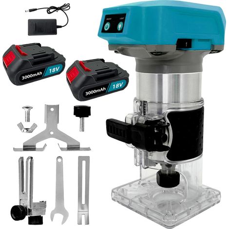 Oberfräsen, Akku-Trimmer-Oberfräse, bürstenloser Handkantenschneider, kompakte Oberfräse zum Schlitzen, Trimmen, Schnitzen, 1/4 Zoll, 6-Gang, + 2 x 3,0 A Akku + Ladegerät, kompatibel mit Makita-Akku