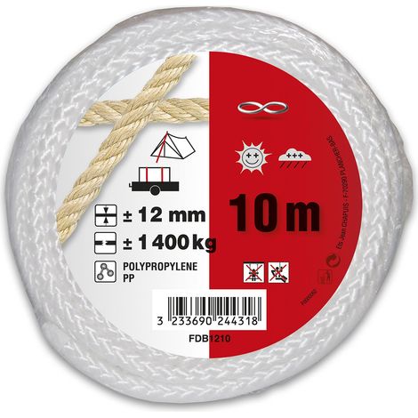 Corde Polypropylène tressée - Résistance à la rupture Indicative 1, 4 T - Diamètre 12 mm - Longueur 10 m - Blanc