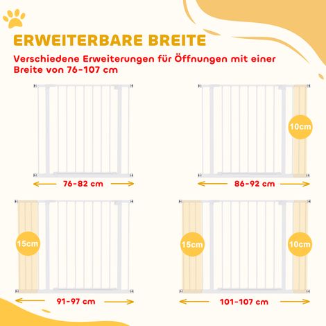 Barrière de sécurité pour porte et escalier avec rallonge 10/15 cm, barrière pour porte sans perçage, barrière d'escalier pour largeurs 76-82/86-97/101-107 cm, ouverture à une main, acier blanc (1/5)