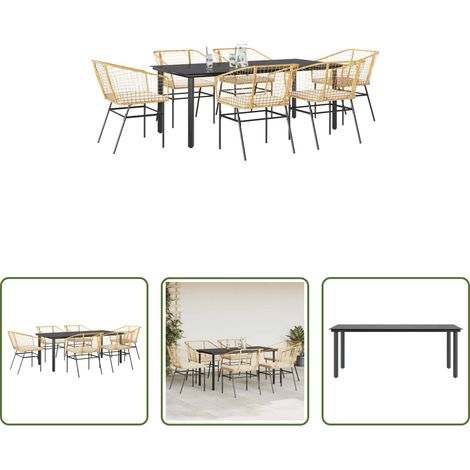 Gartentisch - 7-tlg. Garten-Essgruppe mit Kissen Braun Poly Rattan Glas (1/5)