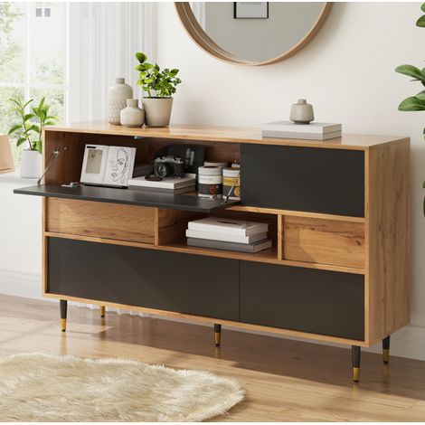 Credenza 140 x 40 x 84,5 cm con 2 cassetti, ante a ribalta, nera e naturale DESVIAE (1/5)