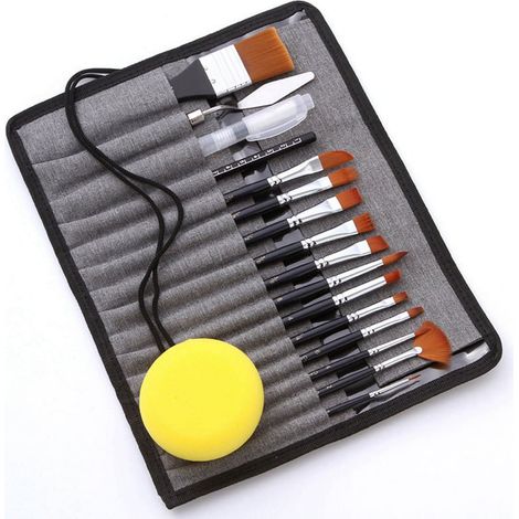 Brush Set - Nylon Bristles Wood Handle Paint Brushes - For Acrylic Watercolor Oil Painting - 12 Pieces With Accessories (1/5)