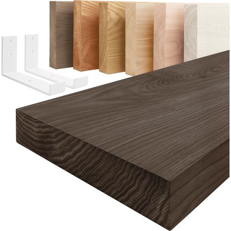 LAMO Manufaktur étagère murale en bois massif, bord régulier, étagère de rangement Industrial, bois foncé / équerre blanche 90cm, JW-01-A-004-90JW