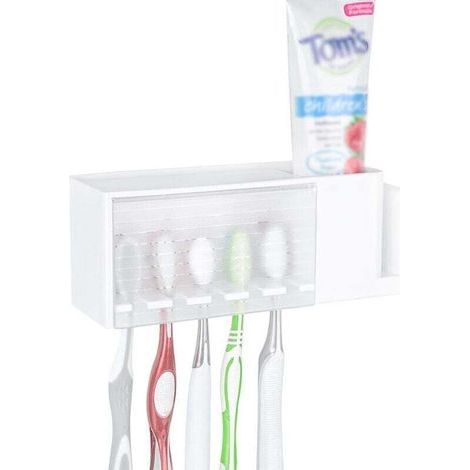 Multifunktionaler, selbstklebender Zahnbürstenhalter, Wandmontierter Zahnbürstenhalter mit Deckel, Aufbewahrungsbox für Zahnpasta und Zahnbürsten für das Badezimmer (Weiß) (1/3)