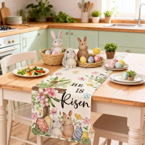 Chemin de Table Pâques 183x33cm Lapin Œufs Fleurs – Décoration Table Pâques Décoration Printemps pour Cuisine et Salle à Manger(C)