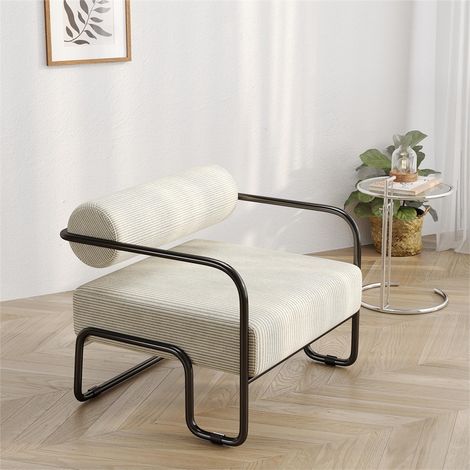 Fauteuil Lounge Moderne en Velours Côtelé - 68.5 x 73 x 70.5 cm - Chaise de Salon Design Industriel avec Pieds Métal - Beige (1/5)