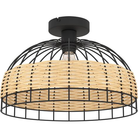 Plafonnier Anwick, lampe de plafond vintage à 1 flamme, style bohème, lampe de séjour en acier et rotin noir et naturel, lampe de cuisine et couloir avec douille E27 (1/5)