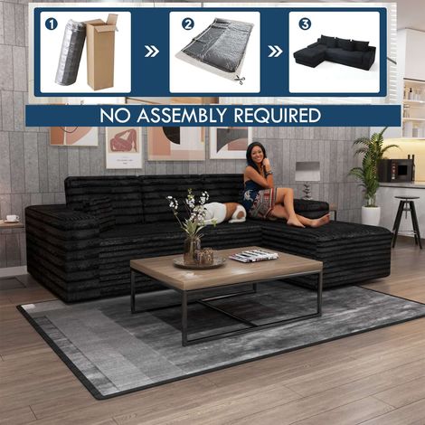 Smart Corduroy L-Shaped Corner Sofa in Left or Right Facing - Black Right Corner
