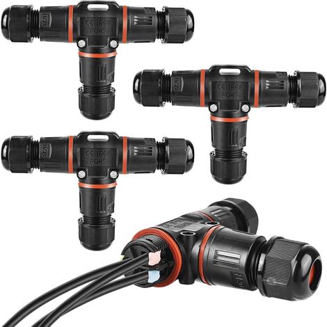 Connecteur de câble 3 broches, IP68, boîte de jonction pour câble de terre de 3 à 12 mm de diamètre, boîte de jonction extérieure étanche, noir (1/5)