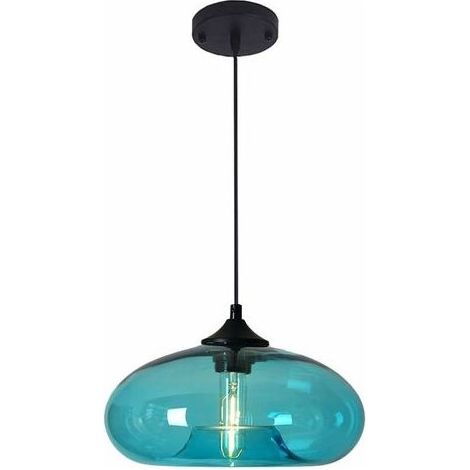 Shmshng – Suspension industrielle vintage ronde en verre coloré – Lustre E27 pour cuisine, salle à manger, chambre – Abat-jour 28cm, hauteur 14cm, fil réglable 65-120cm (1/5)