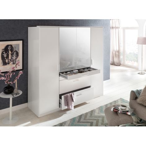Armoire avec miroir 4 portes Blanc - L180 x H199 x P58 cm -PEGANE-