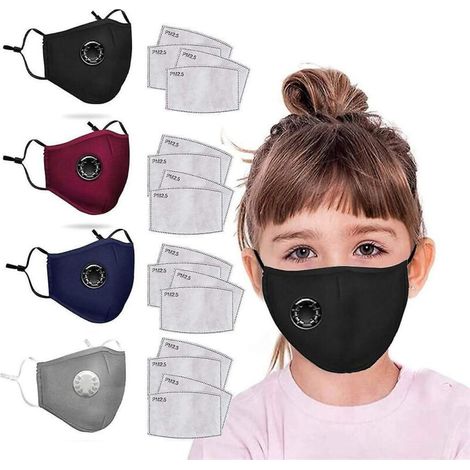 Waschbare Gesichtsmaske aus Baumwolle für Kinder (4er-Pack) mit Ventilen und 16 Aktivkohlefiltern, ideal für Outdoor-Sportarten, Radfahren und Laufen. (1/5)