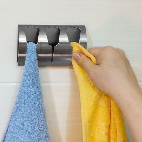 Porte Serviette Salle de Bain Adhésif, Patère Torchons Cuisine avec 3 Crochets Brossé (1/5)