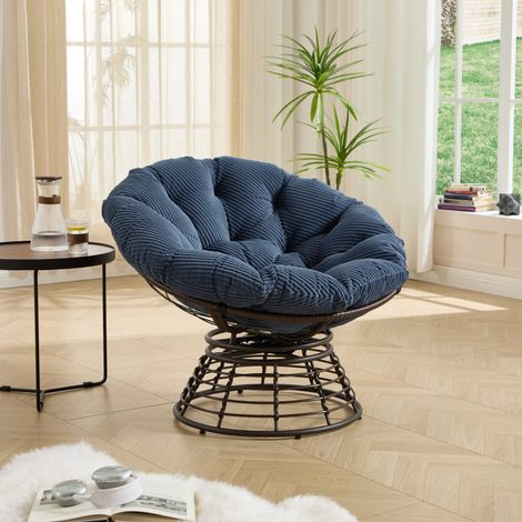 Fauteuil Papasan rotin – 360° – Coussin épais – Marron/bleu marine – Salon/Chambre/Lecture – Comforta (1/5)